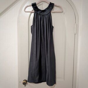 MIX UK Black Satin Pleat Collar Shift A-Line Cocktail MiniDress w/Pockets Sz M